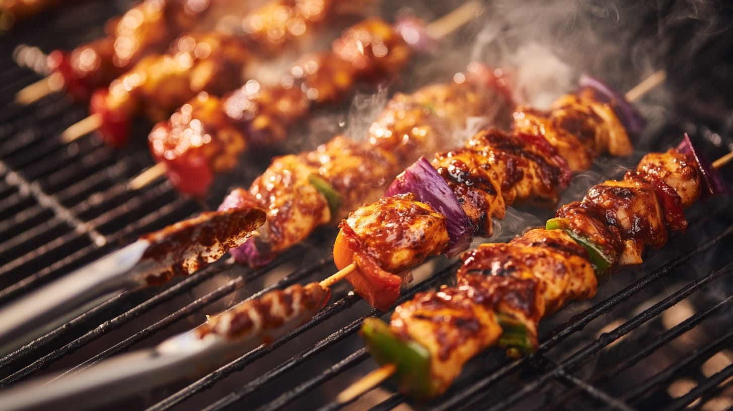 Grilled chicken skewers with colorful vegetables on a barbecue grill, emitting smoke.