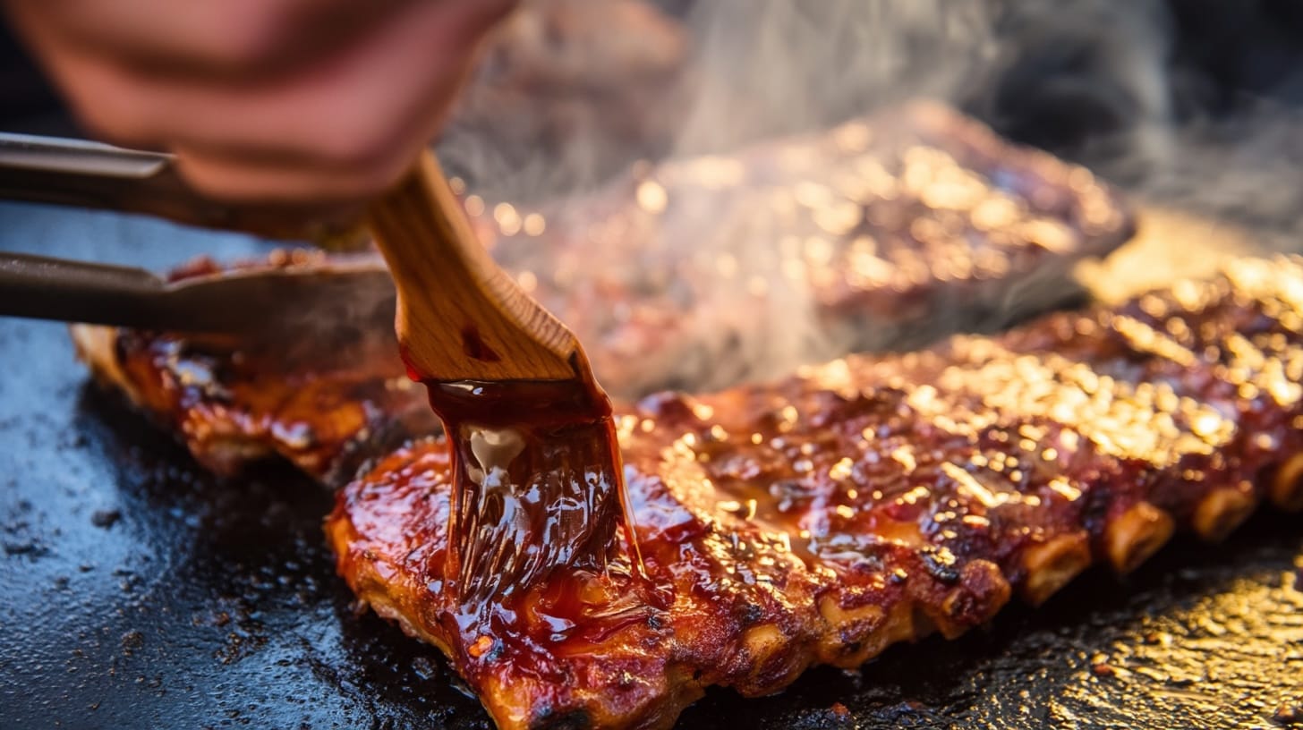 A hand applying barbecue sauce to grilled pork ribs on a hot surface, with steam rising.