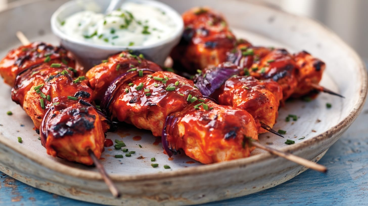 Buffalo chicken skewers topped with sauce and garnished with chives, served with blue cheese yogurt dip.