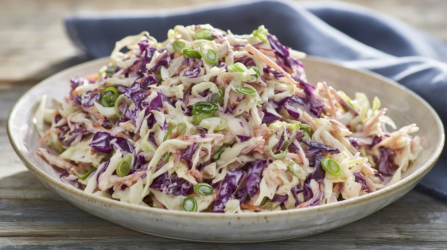 A bowl of cabbage slaw featuring shredded green and purple cabbage mixed with chopped spring onions.