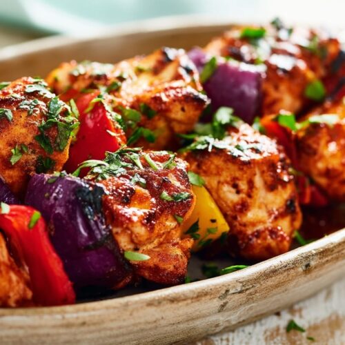 Cajun chicken skewers with colorful bell peppers and onions on a serving platter, garnished with herbs.