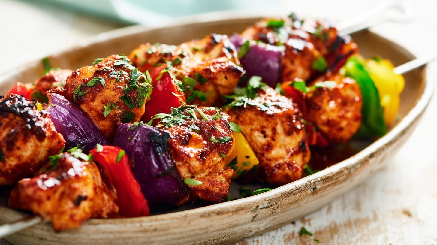 Cajun chicken skewers with colorful bell peppers and onions on a serving platter, garnished with herbs.