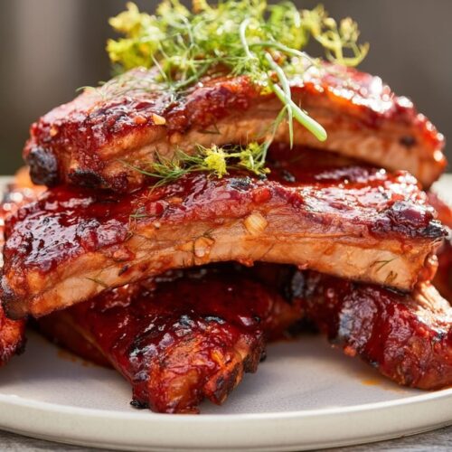 A plate of glazed pork ribs topped with fresh herbs, showcasing a rich, sticky sauce and tender meat.