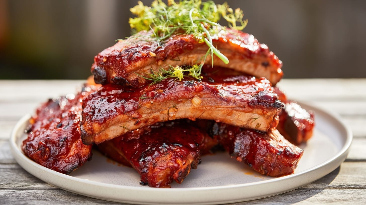 A plate of glazed pork ribs topped with fresh herbs, showcasing a rich, sticky sauce and tender meat.