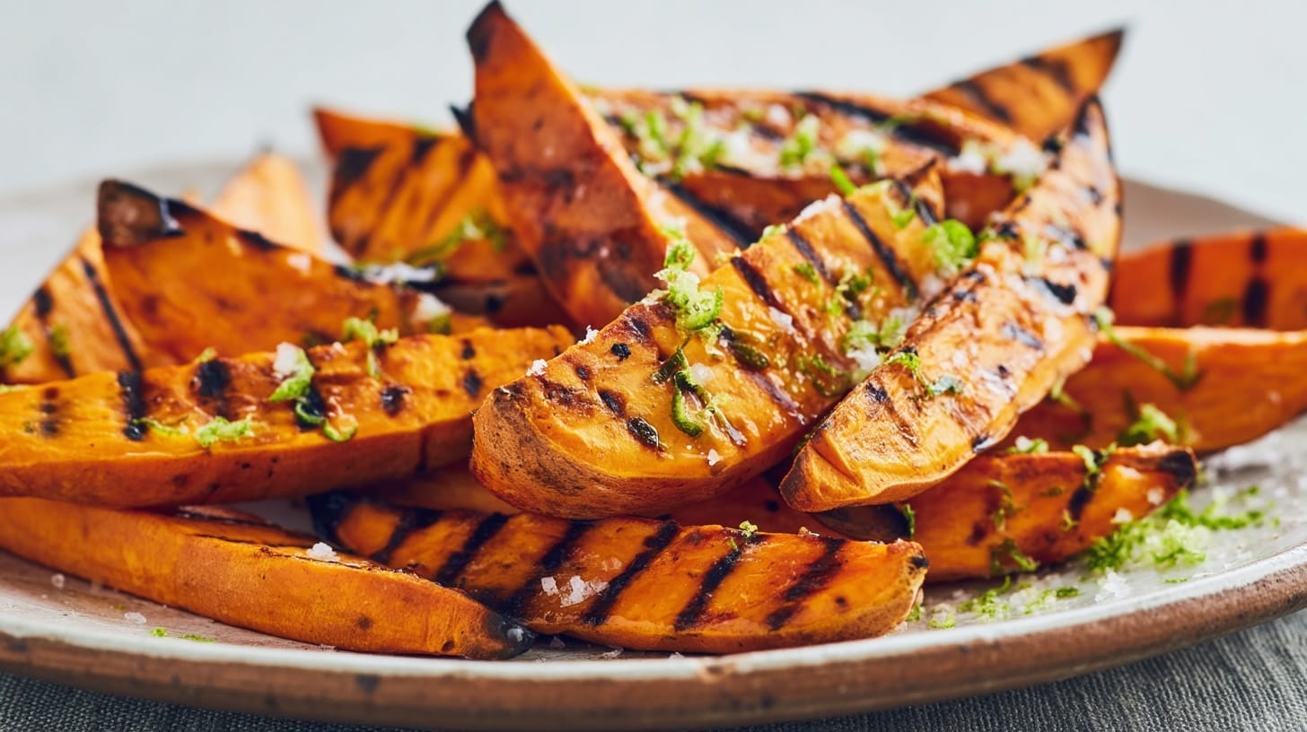 Grilled sweet potato wedges garnished with lime zest and sea salt on a plate