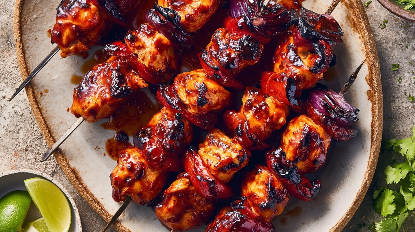 Grilled chicken skewers with a honey lime garlic glaze, garnished with red onion and served on a plate.