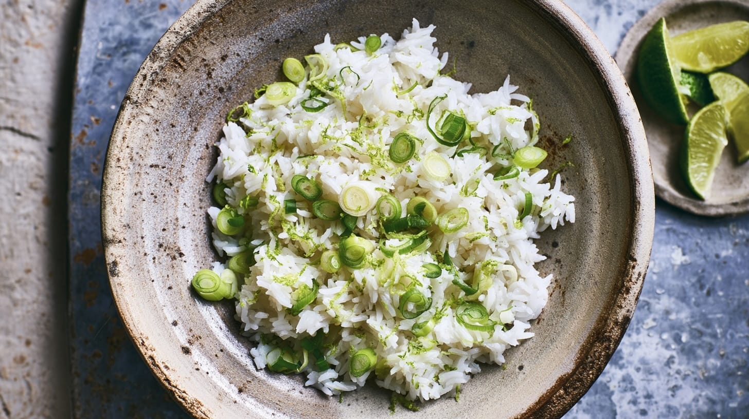 Bowl of coconut rice topped with chopped spring onions and lime wedges on the side.