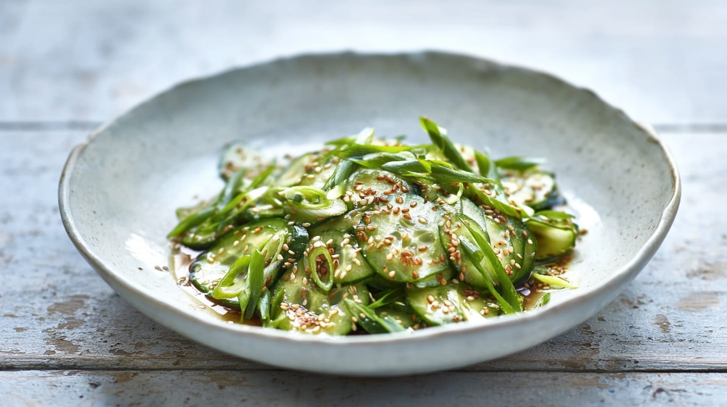 Sliced cucumbers and green onions in a shallow bowl with sesame seeds and dressing