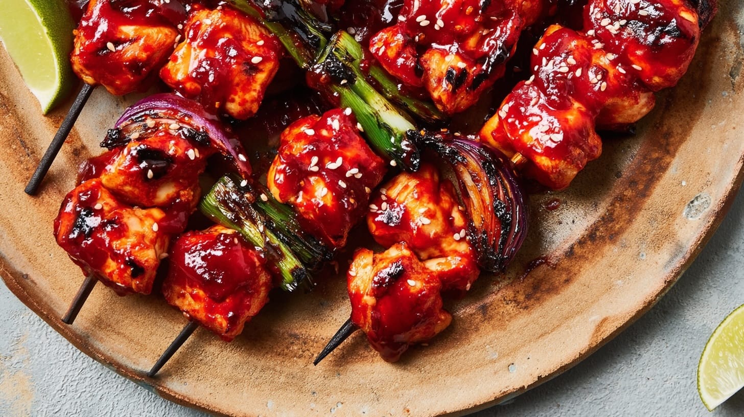Grilled chicken skewers coated in red gochujang sauce with green onions and red onion on a wooden plate.