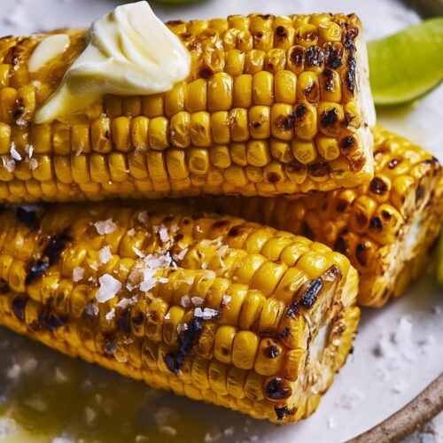 Two grilled corn cobs topped with butter and sea salt, served with lime wedges on a plate.