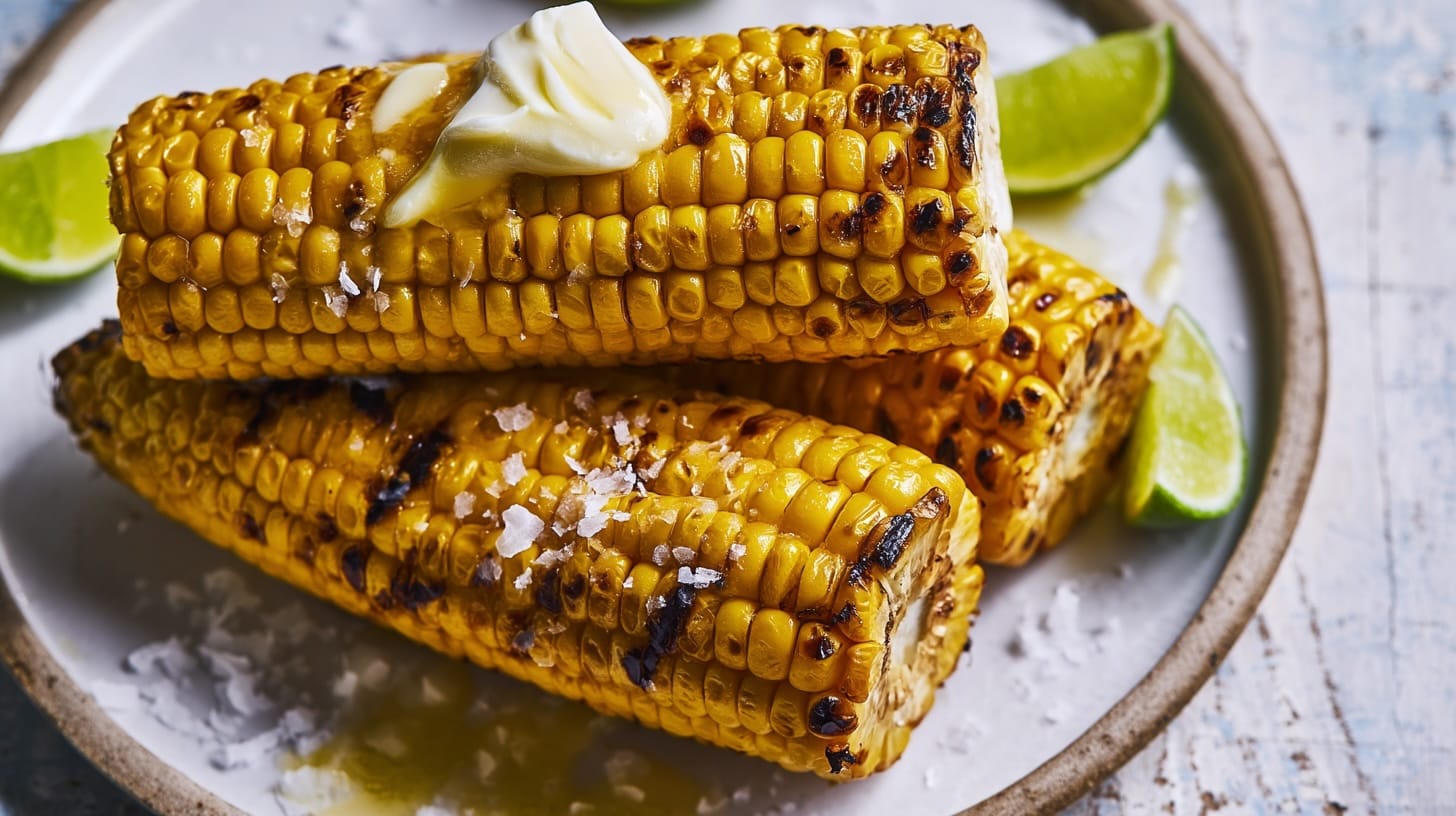 Two grilled corn cobs topped with butter and sea salt, served with lime wedges on a plate.