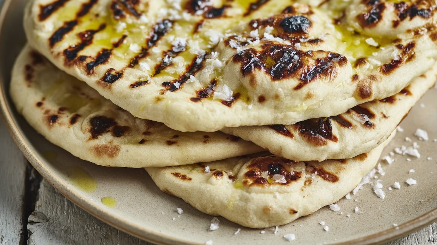 Three grilled flatbreads stacked on a plate, drizzled with olive oil and sprinkled with sea salt.