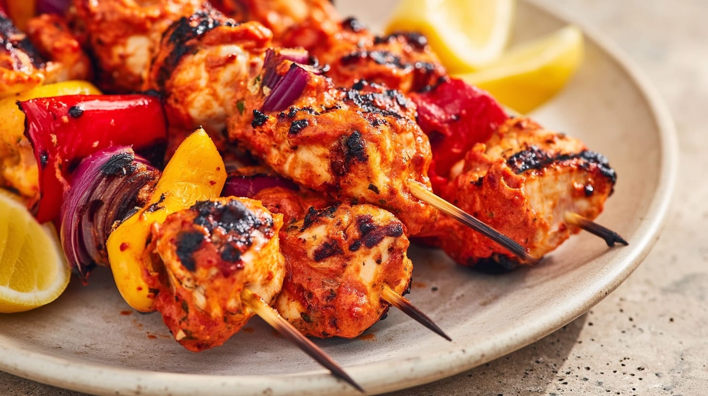 Grilled chicken skewers coated in harissa sauce, served with colorful bell peppers and lemon wedges.