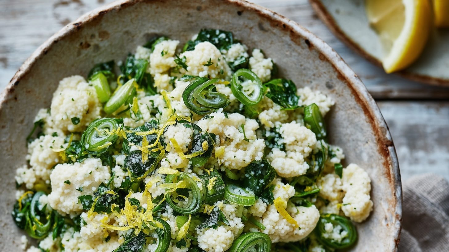 A bowl of herby couscous mixed with parsley, lemon zest, and green onions on a rustic surface.