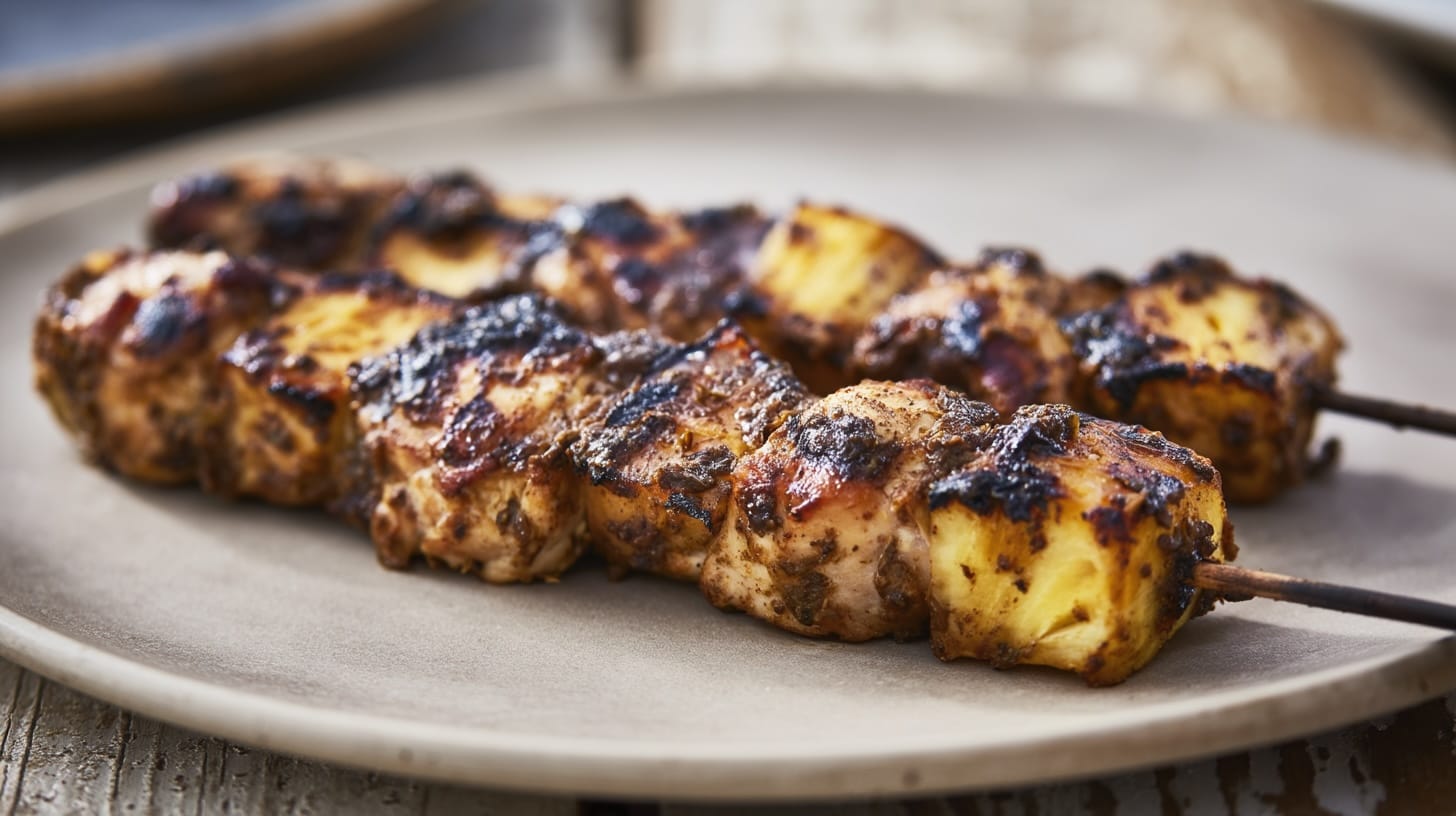 Grilled jerk chicken skewers with chunks of pineapple on a beige plate, showcasing a charred texture.