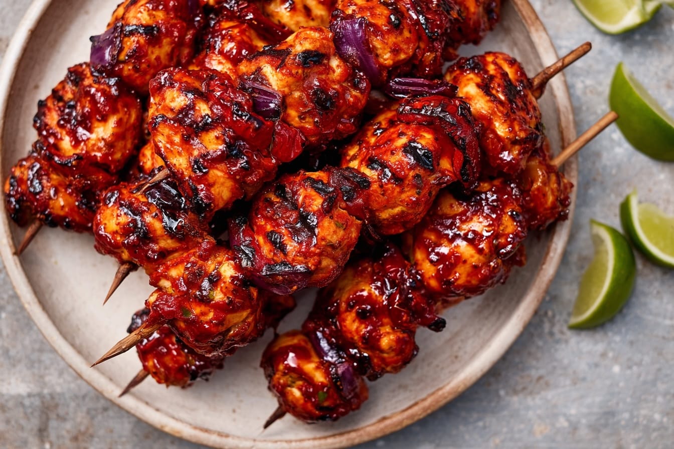 Grilled chicken skewers coated in spicy peri peri sauce with red peppers and lime wedges on a plate.