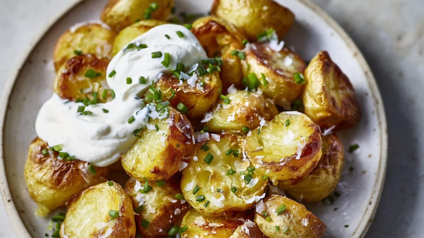 Golden roast potatoes topped with a dollop of soured cream and chopped chives on a plate.