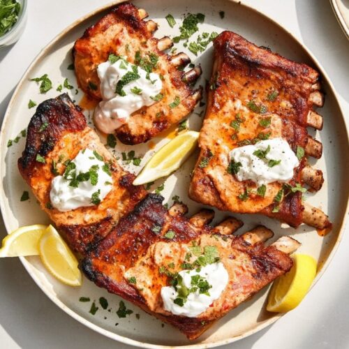 Grilled pork ribs topped with harissa yoghurt, garnished with mint and lemon wedges on a plate.