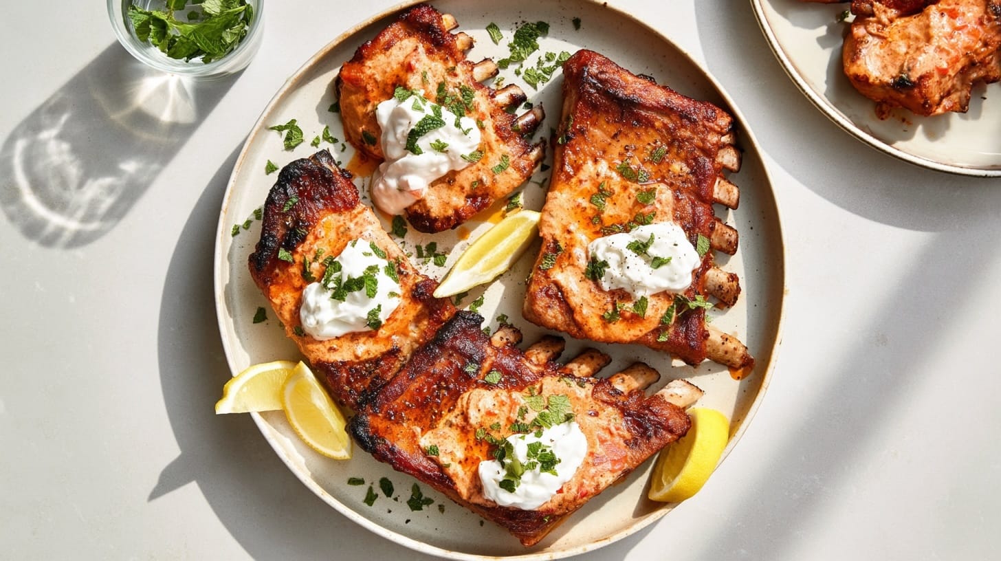 Grilled pork ribs topped with harissa yoghurt, garnished with mint and lemon wedges on a plate.