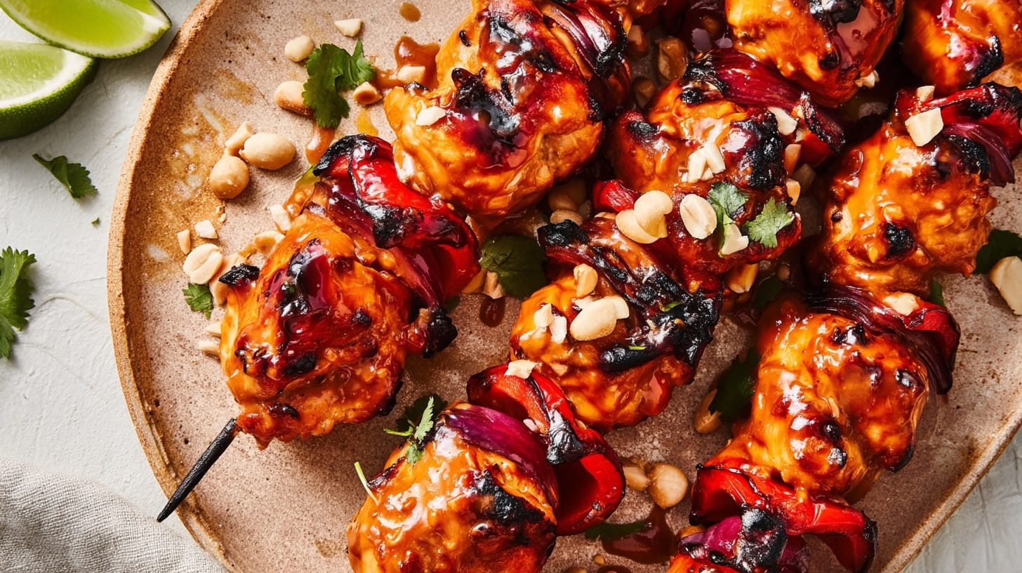 Grilled chicken skewers coated in Sriracha sauce, garnished with peanuts and herbs on a plate.
