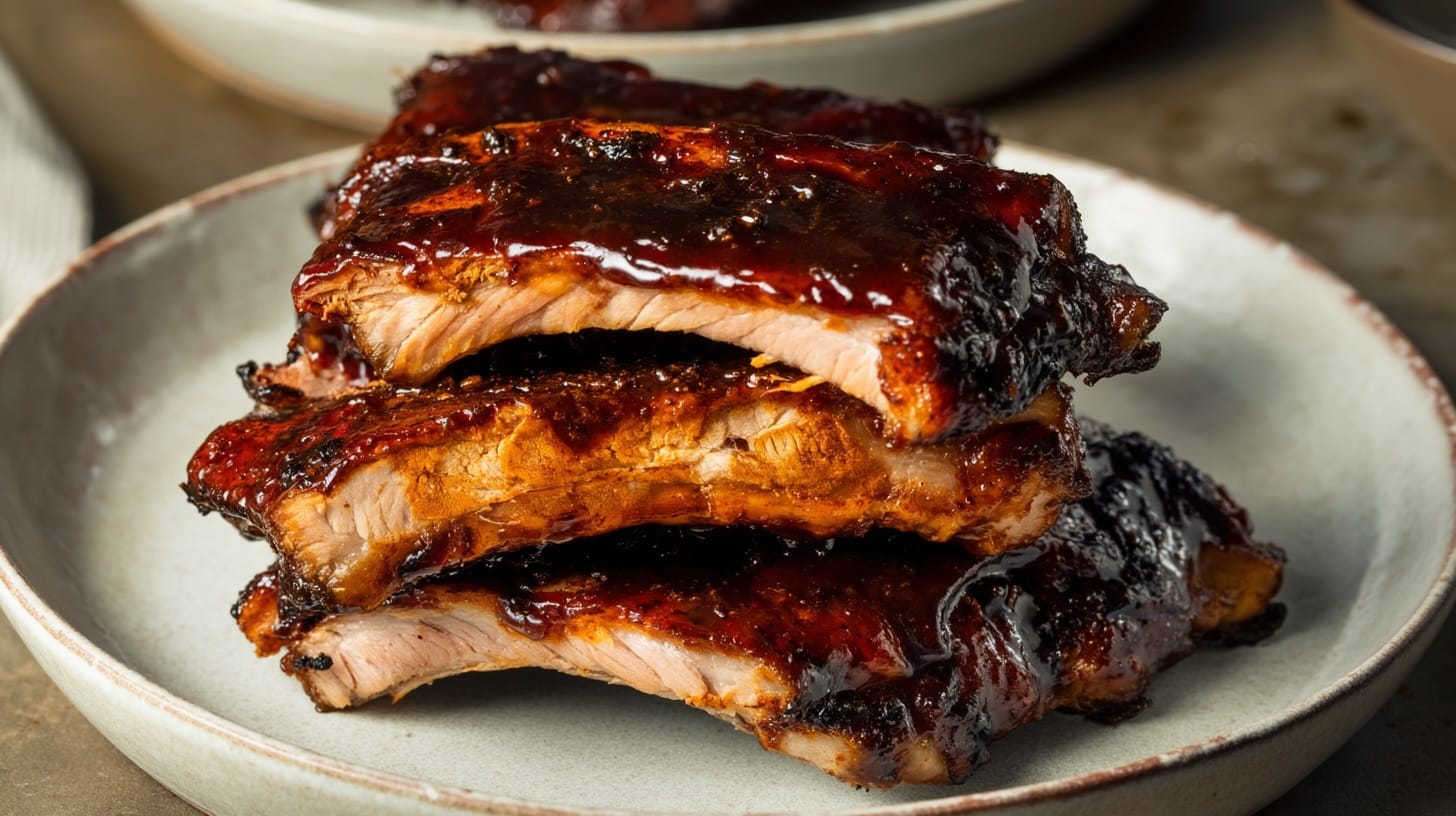 Three stacked pork ribs glazed with a dark, sticky sauce on a white plate.