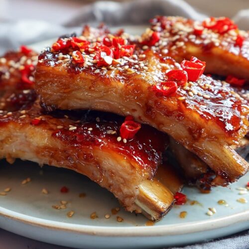 A plate of glazed ribs topped with red chili flakes and sesame seeds, resting on a light blue dish.