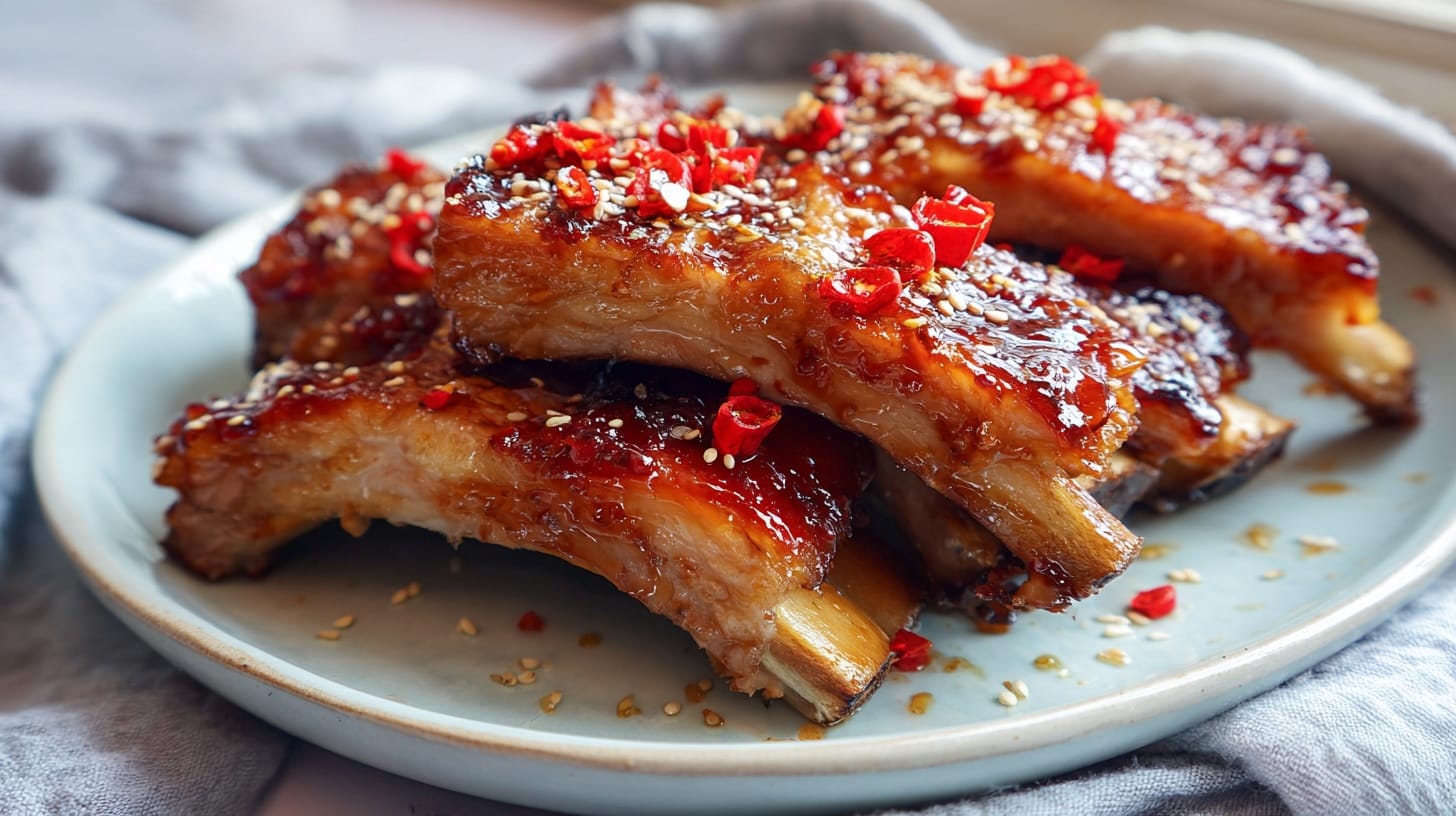 A plate of glazed ribs topped with red chili flakes and sesame seeds, resting on a light blue dish.