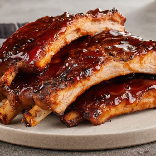 A plate of sticky jerk spiced pork ribs glazed with a shiny sauce, stacked neatly.