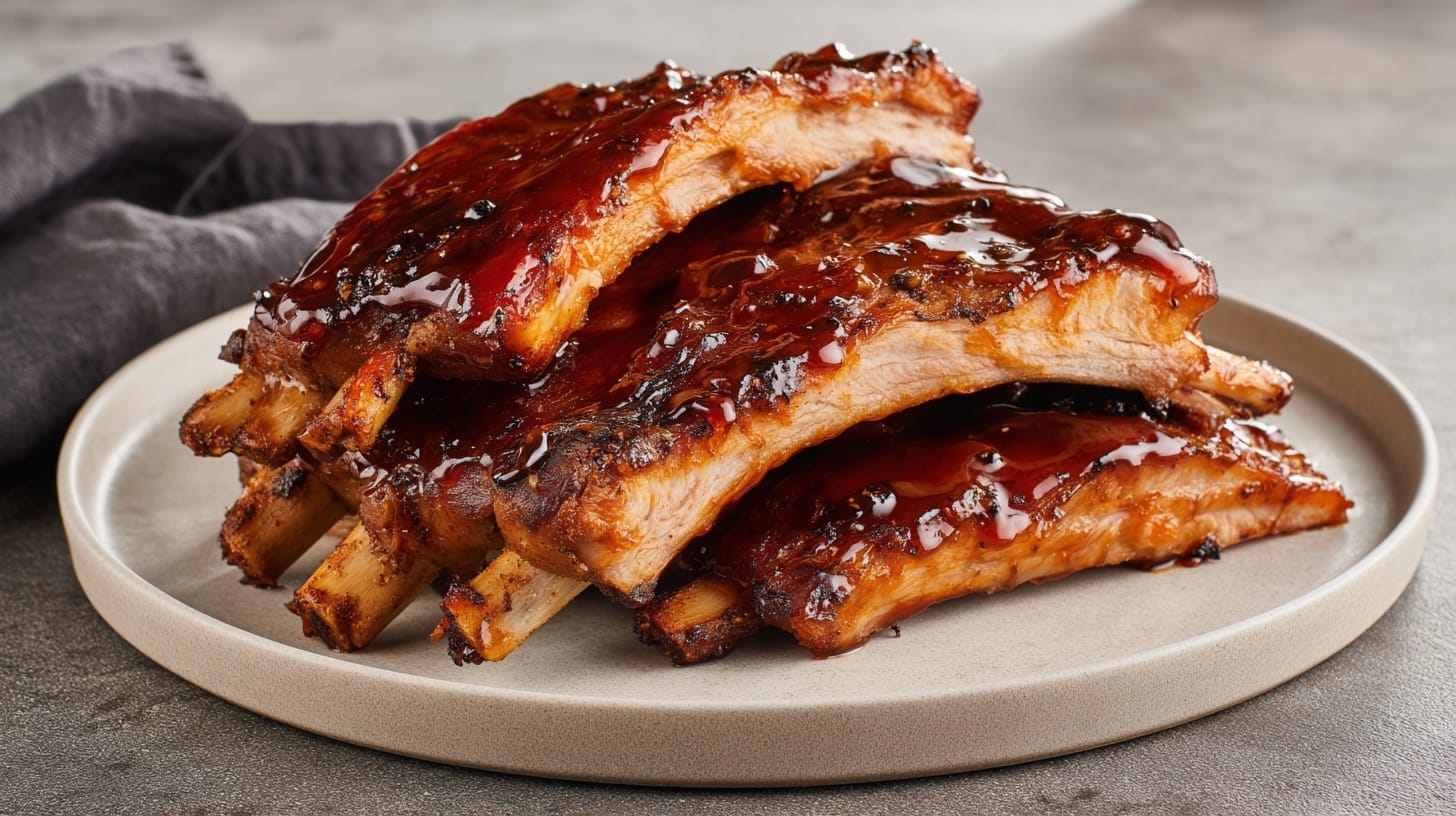 A plate of sticky jerk spiced pork ribs glazed with a shiny sauce, stacked neatly.