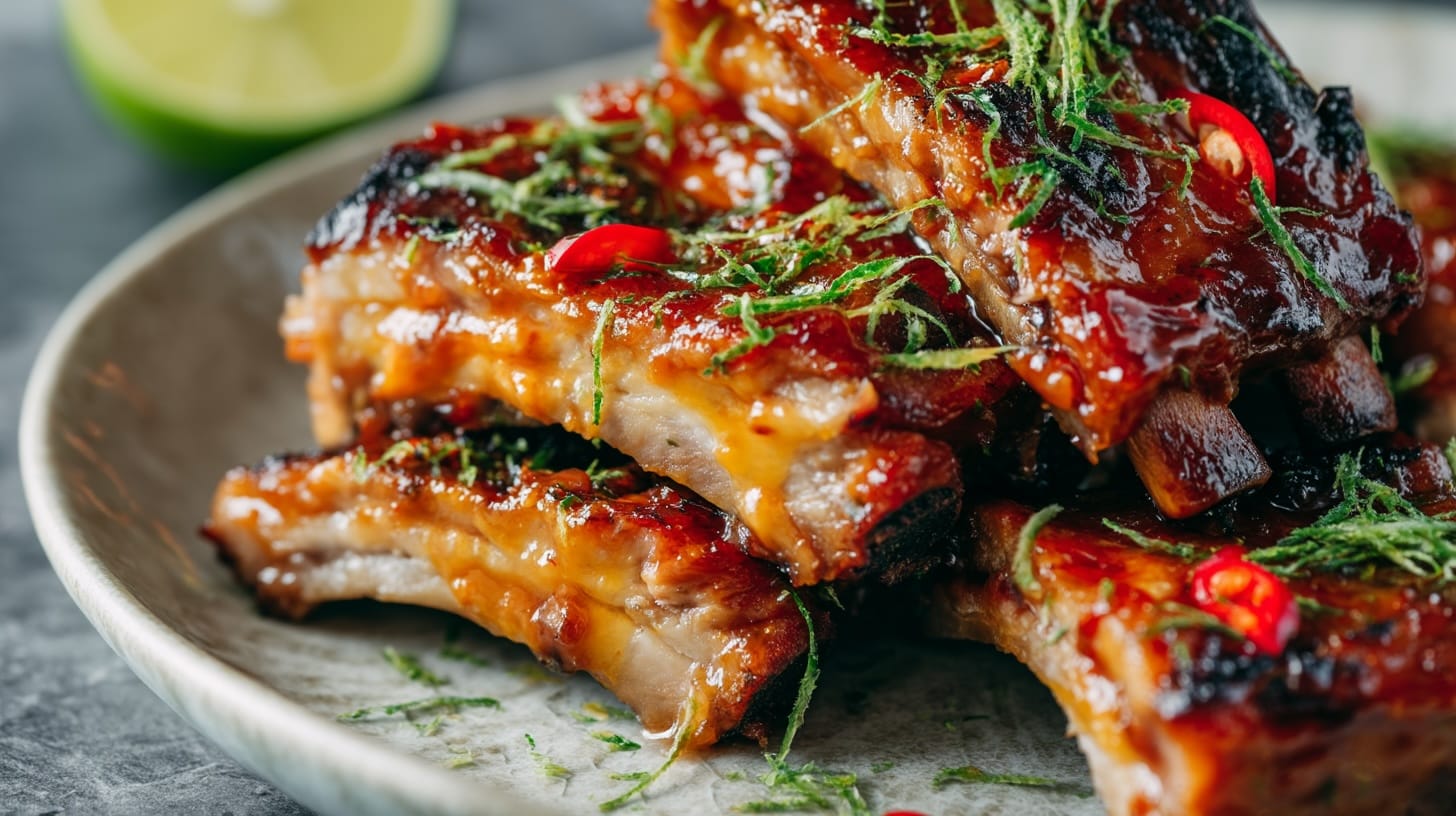 A plate of sticky mango habanero pork ribs garnished with herbs and red chili slices, with lime in the background.