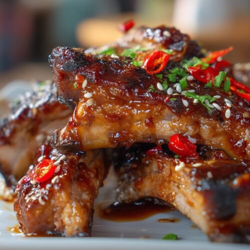 A plate of sticky maple smoked paprika pork ribs garnished with red chili and herbs, glistening with sauce.