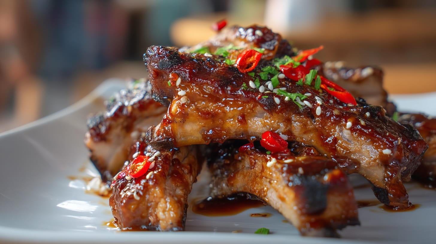 A plate of sticky maple smoked paprika pork ribs garnished with red chili and herbs, glistening with sauce.
