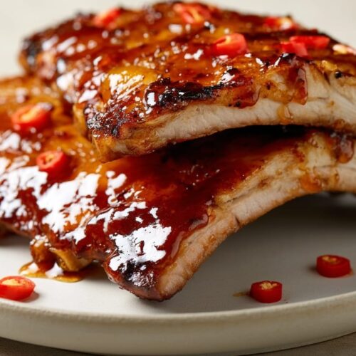 Two pieces of glazed pork ribs topped with red chili slices on a white plate.