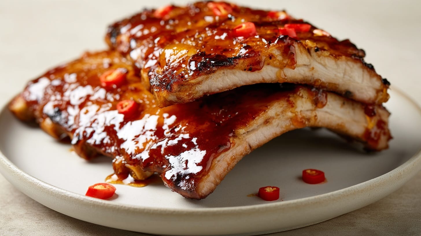 Two pieces of glazed pork ribs topped with red chili slices on a white plate.