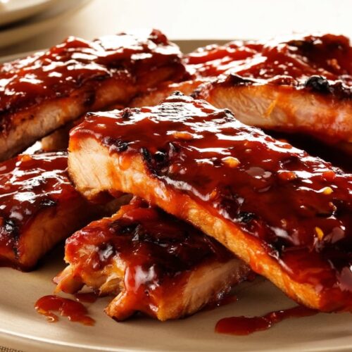 Five pieces of pork ribs coated in a sticky sriracha orange sauce on a white plate.