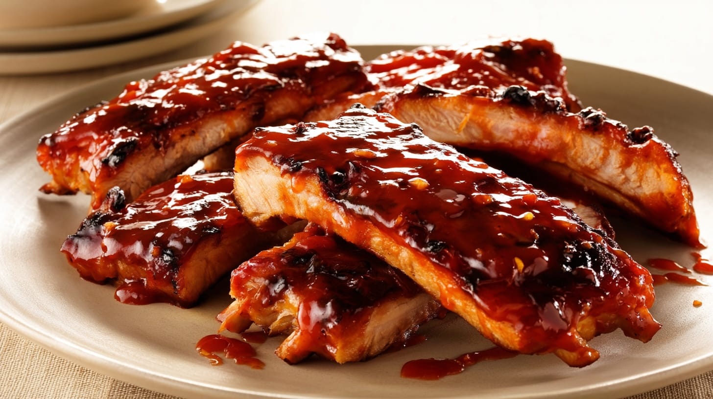 Five pieces of pork ribs coated in a sticky sriracha orange sauce on a white plate.