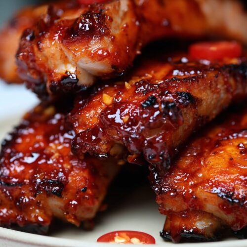 A stack of glazed pork ribs garnished with red chili slices on a beige plate.