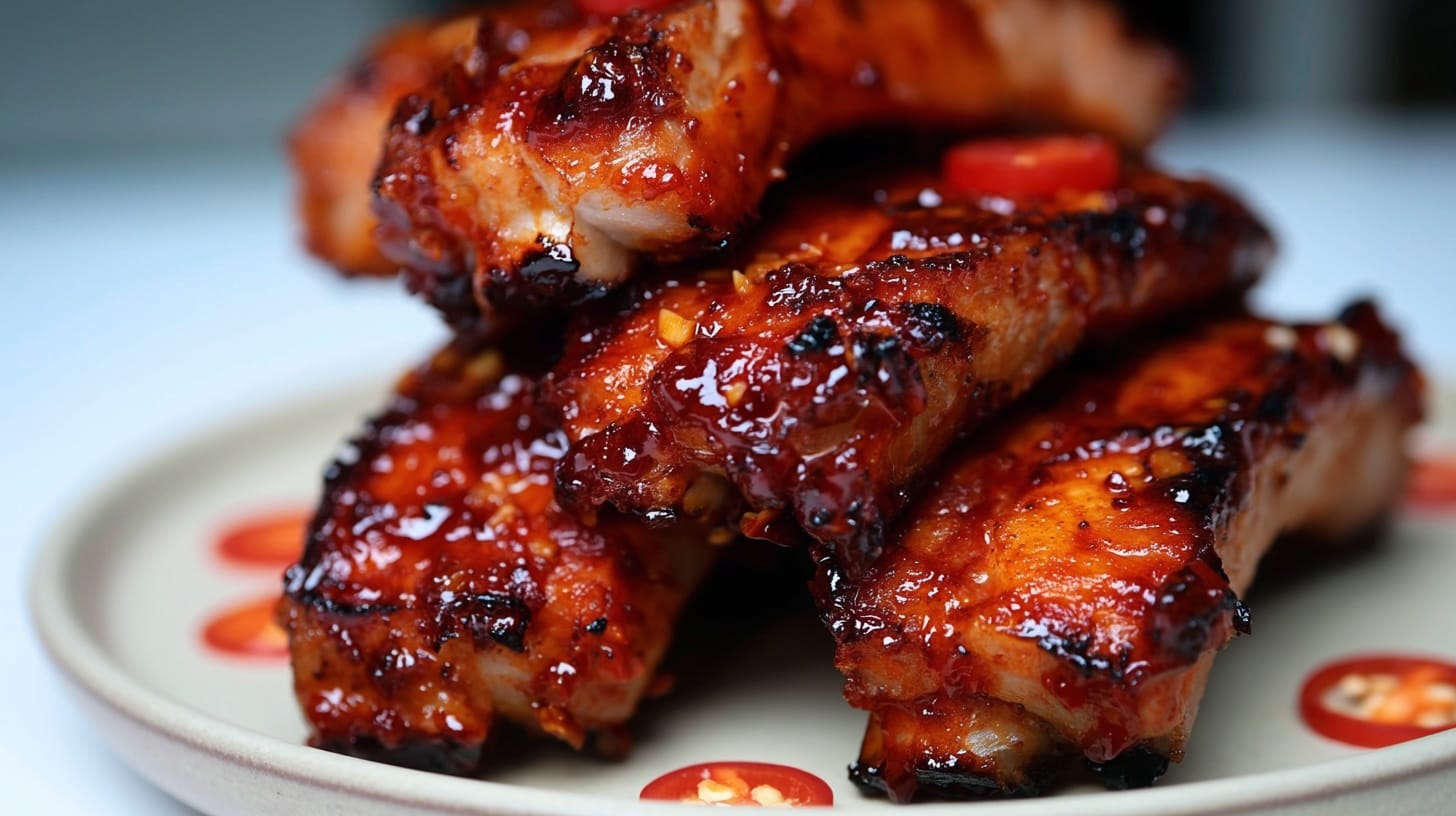 A stack of glazed pork ribs garnished with red chili slices on a beige plate.