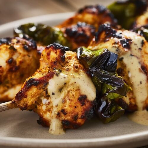 Grilled tandoori chicken skewers with green peppers and a creamy sauce drizzled on top, served on a plate.
