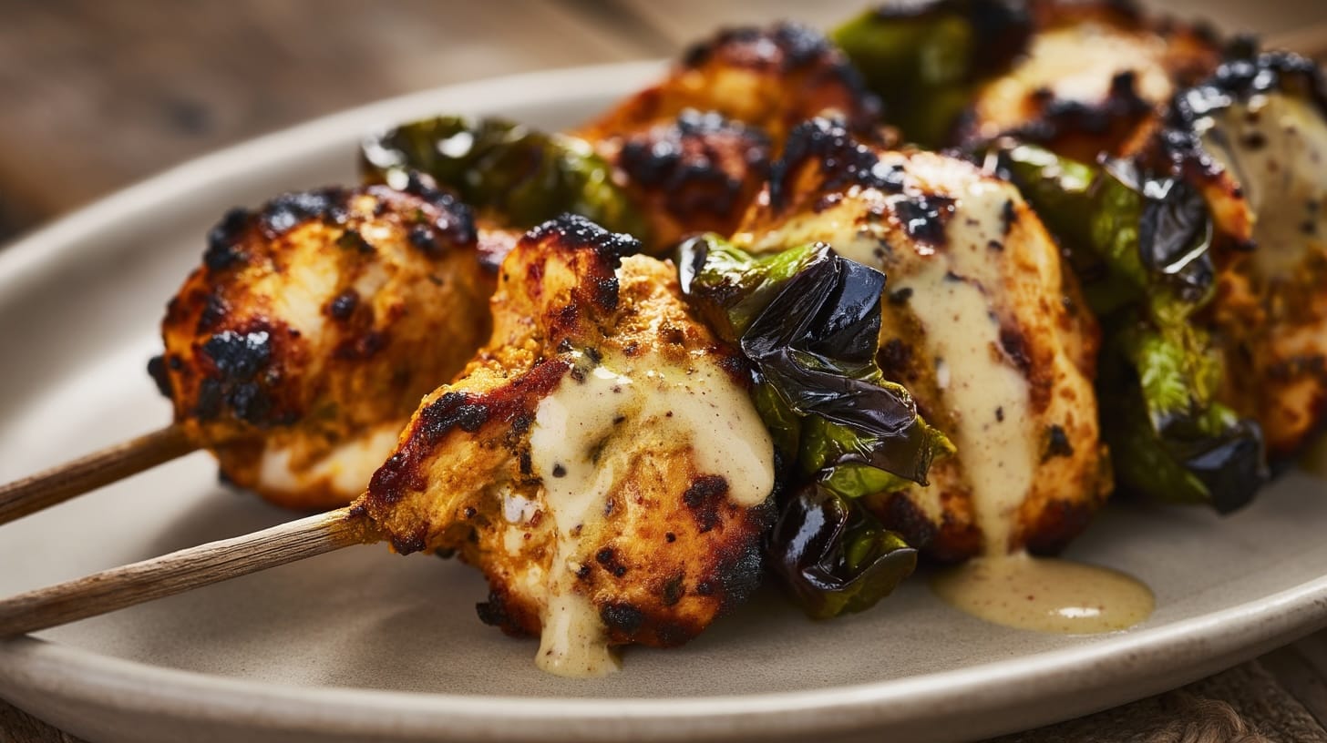Grilled tandoori chicken skewers with green peppers and a creamy sauce drizzled on top, served on a plate.