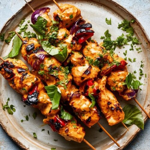 Grilled chicken skewers with red curry sauce, garnished with fresh basil and cilantro on a plate.