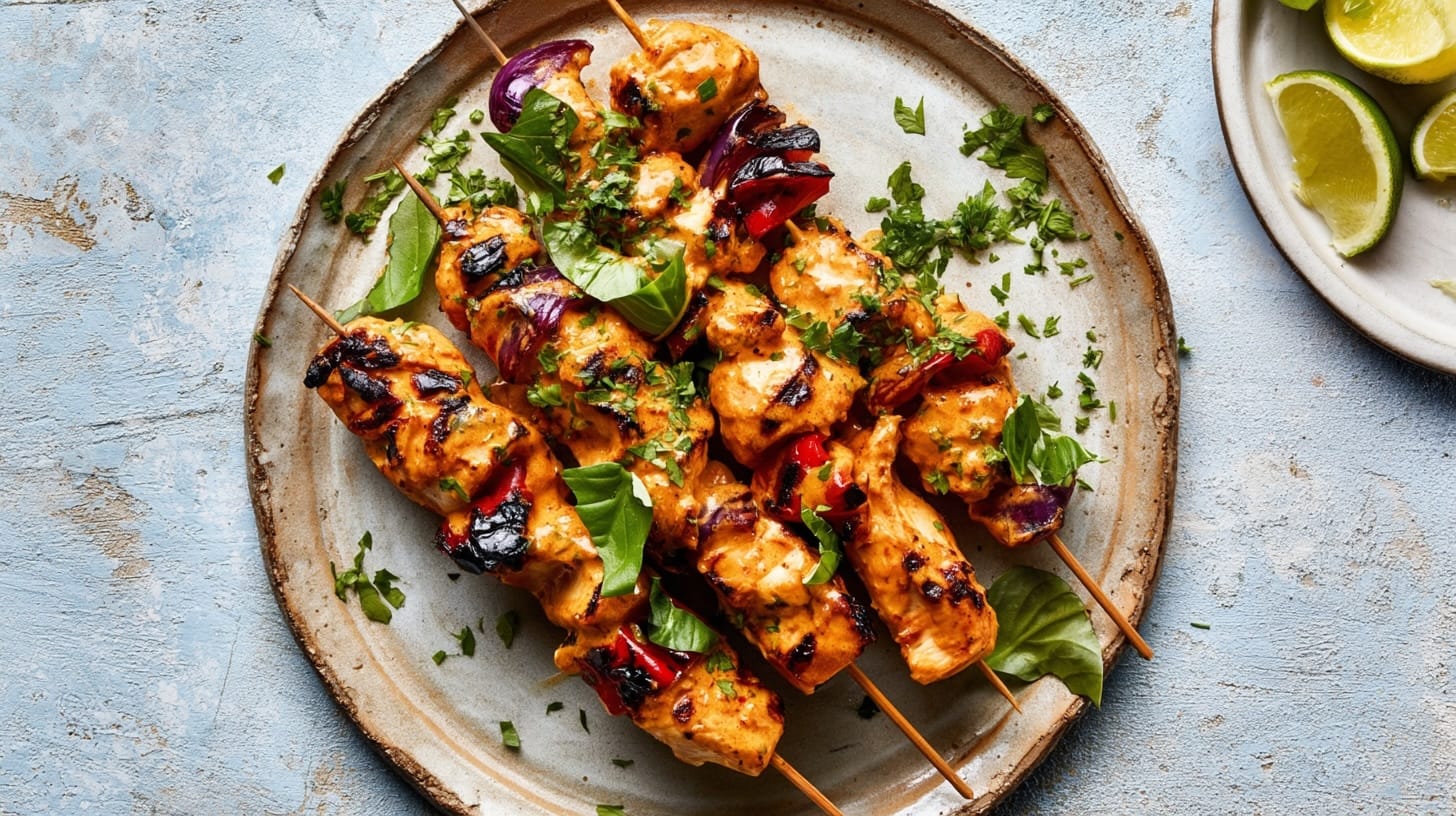 Grilled chicken skewers with red curry sauce, garnished with fresh basil and cilantro on a plate.