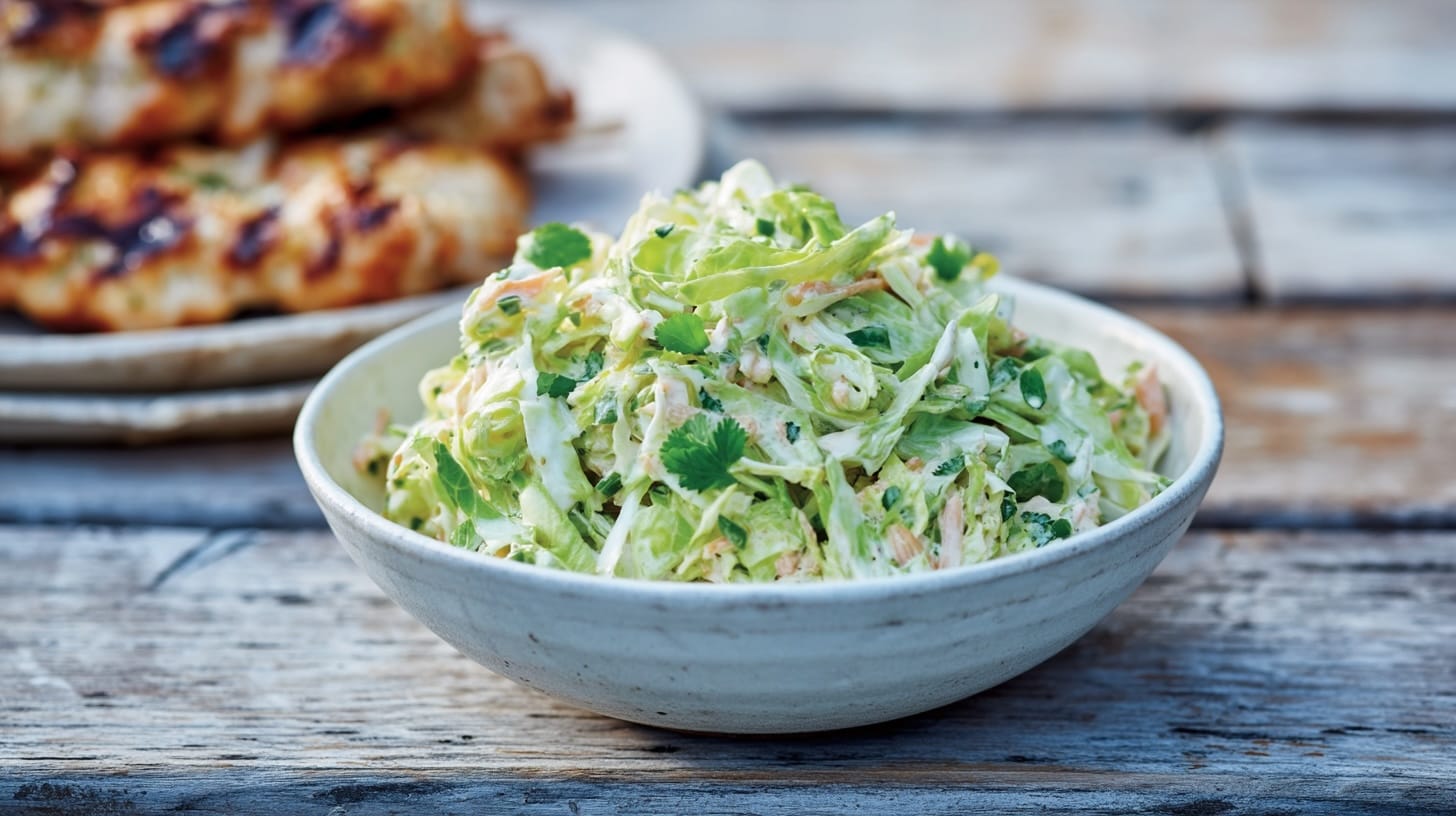 Bowl of coleslaw with shredded cabbage and green onions, served beside grilled chicken.