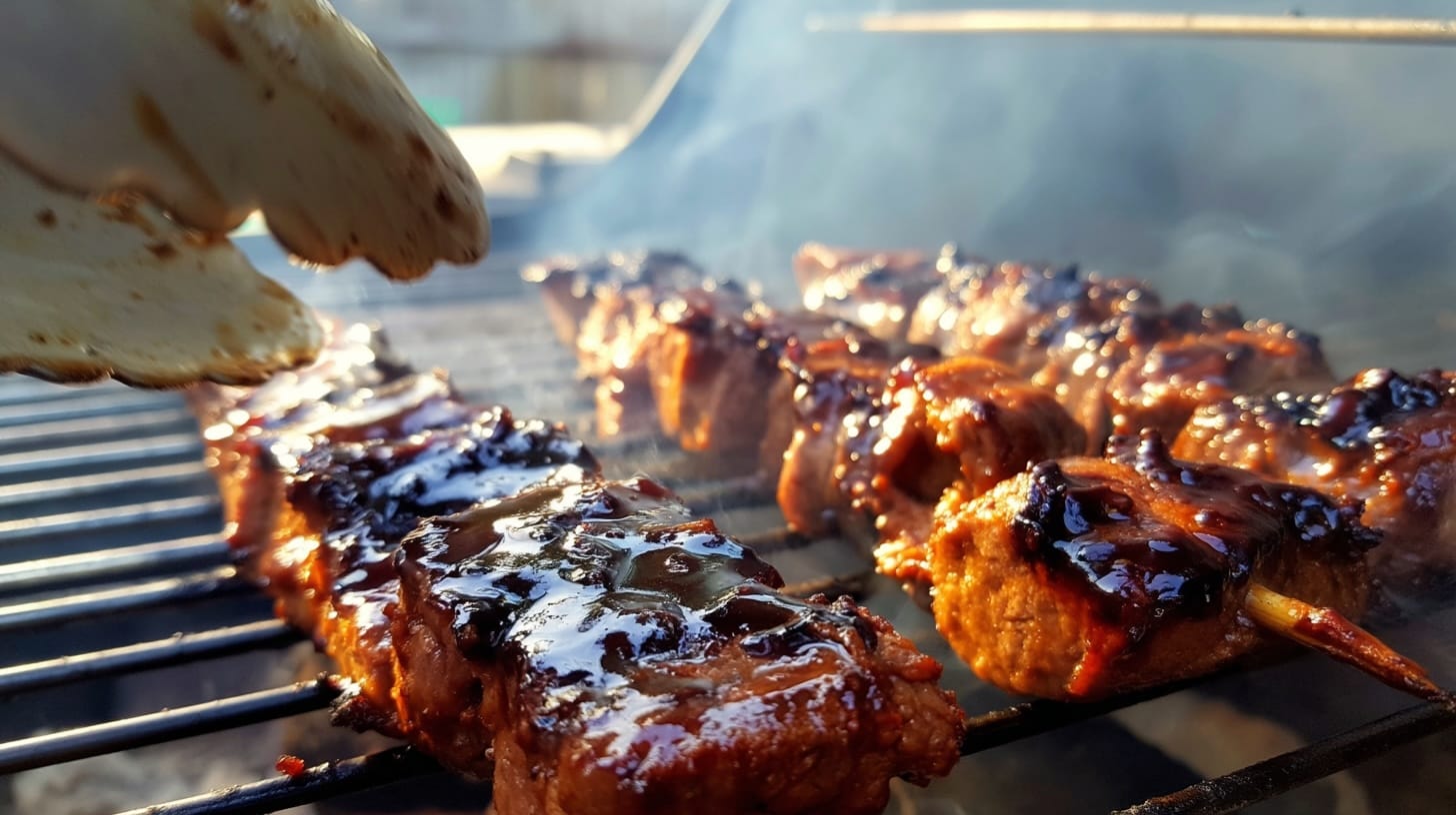 Grilled beef skewers with a glossy glaze cooking on a barbecue grill outdoors.