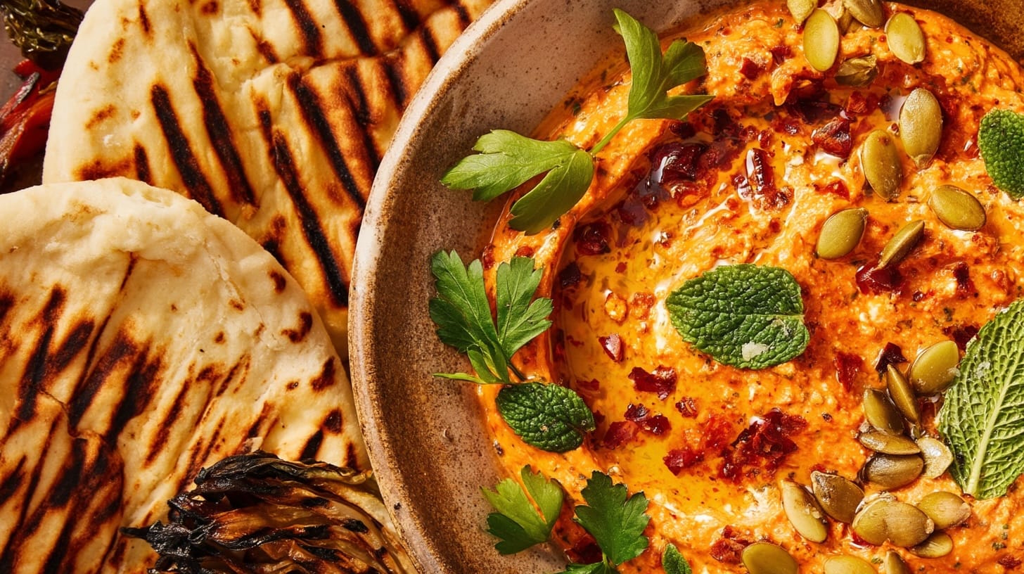 A bowl of spicy BBQ dip garnished with herbs, surrounded by grilled flatbreads.
