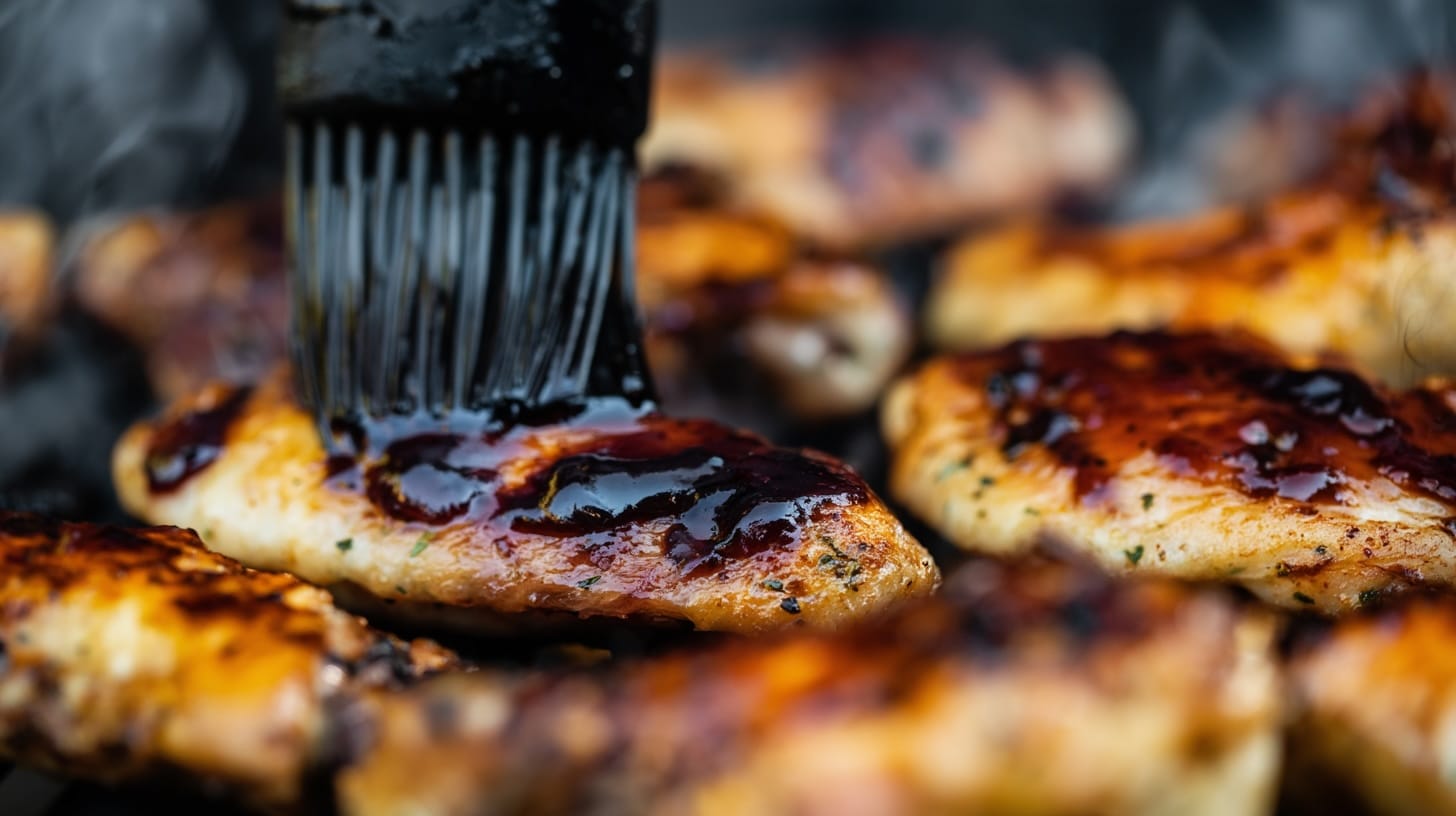 Grilled chicken wings being brushed with a dark barbecue sauce on a barbecue grill.