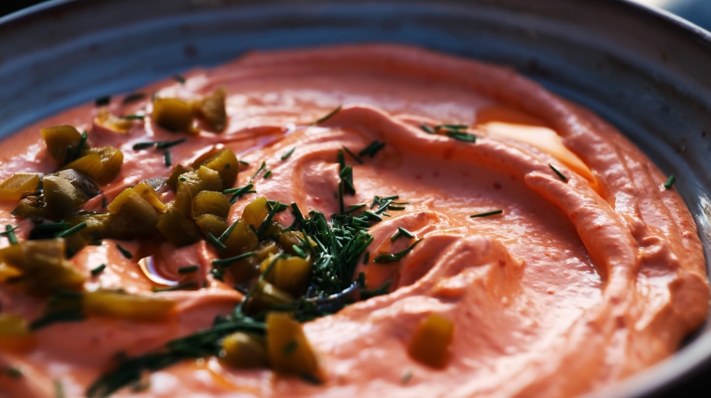 A creamy pink dip topped with green olives and herbs in a shallow bowl.