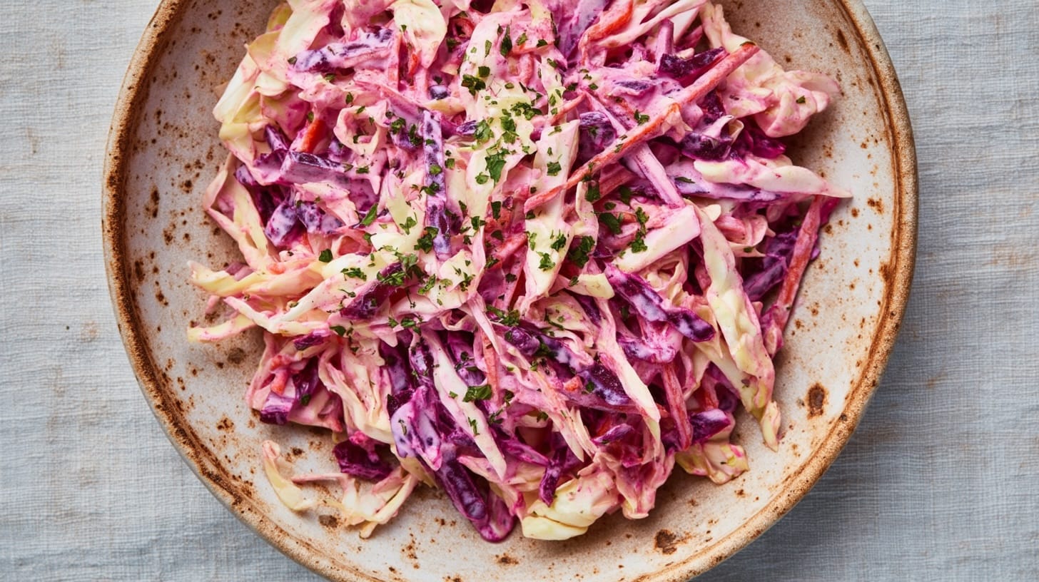 A bowl of coleslaw featuring shredded beetroot, carrot, and cabbage mixed with a creamy dressing.
