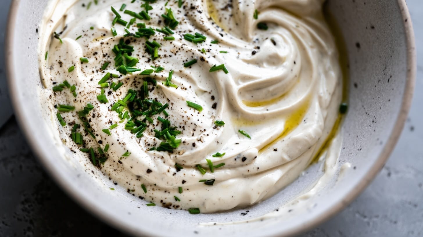 Creamy dip with a smooth texture, garnished with chopped herbs and black pepper.