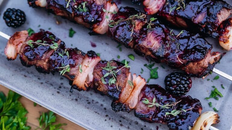 Grilled beef skewers glazed with blackberry chipotle sauce, garnished with thyme and shallots.